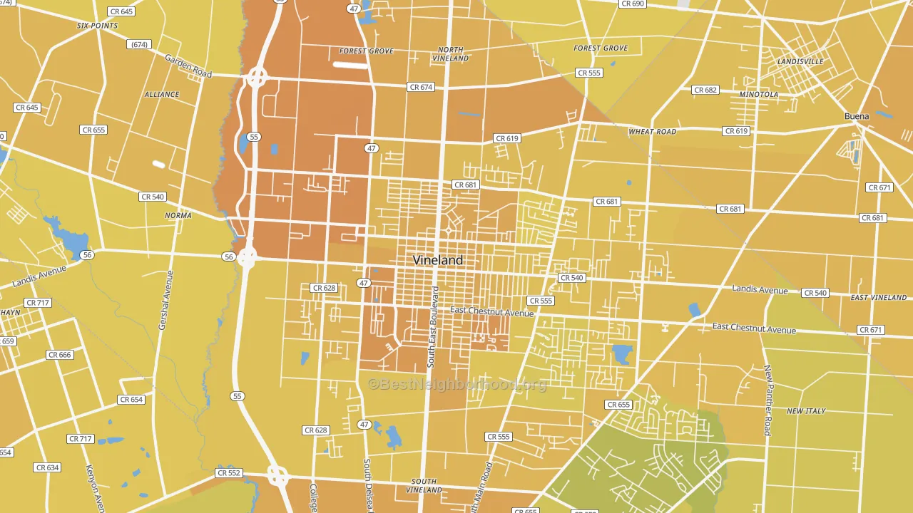 Map of the best neighborhoods in the 08360 area, with better matches in green and worse matches in red