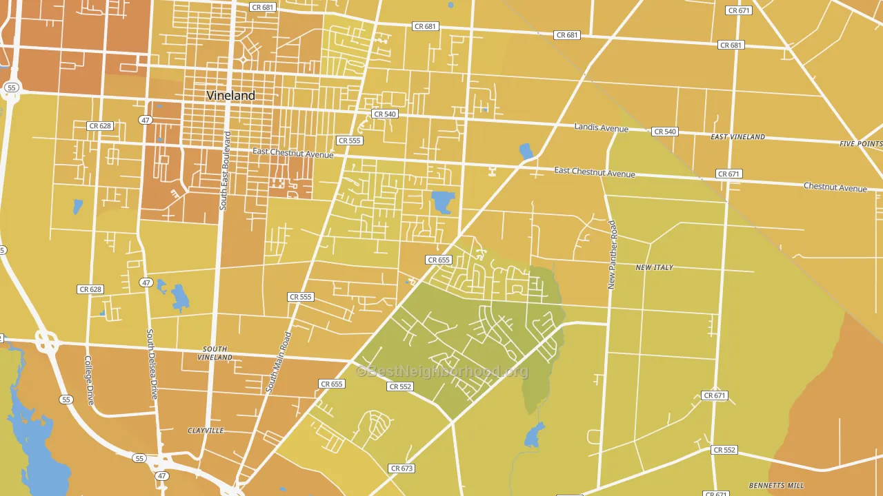 Map of the best neighborhoods in the 08361 area, with better matches in green and worse matches in red