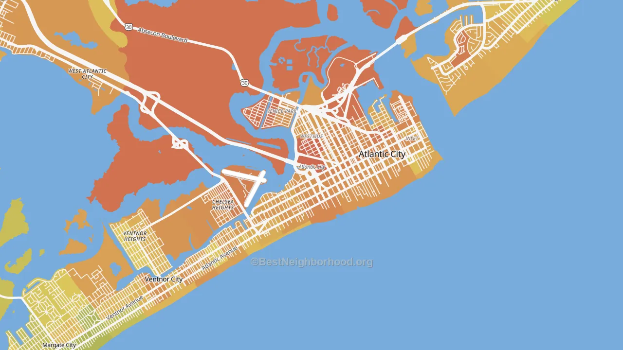 Map of the best neighborhoods in the 08401 area, with better matches in green and worse matches in red
