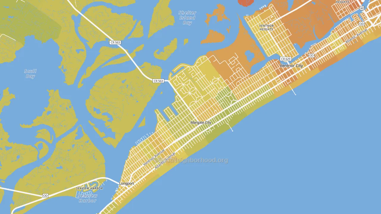 Map of the best neighborhoods in the 08402 area, with better matches in green and worse matches in red