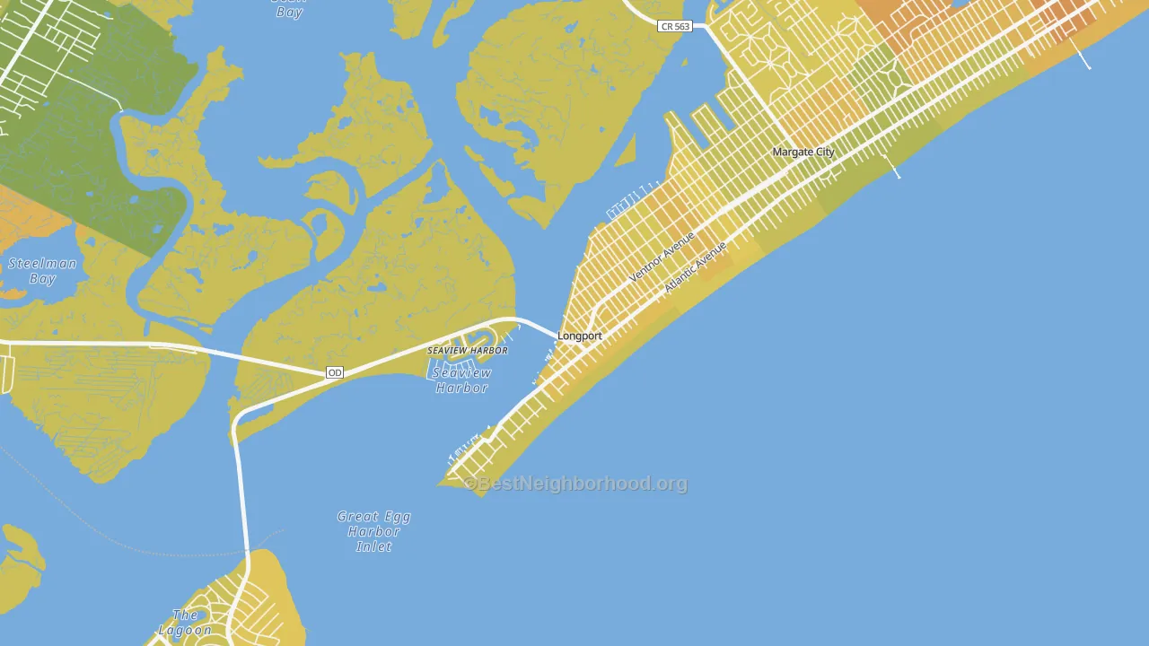 Map of the best neighborhoods in the 08403 area, with better matches in green and worse matches in red