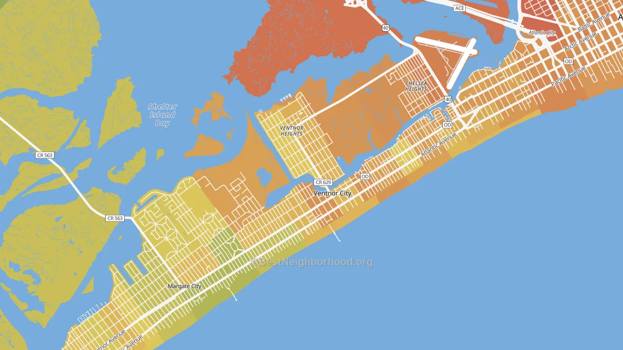 Map of the best neighborhoods in the 08406 area, with better matches in green and worse matches in red