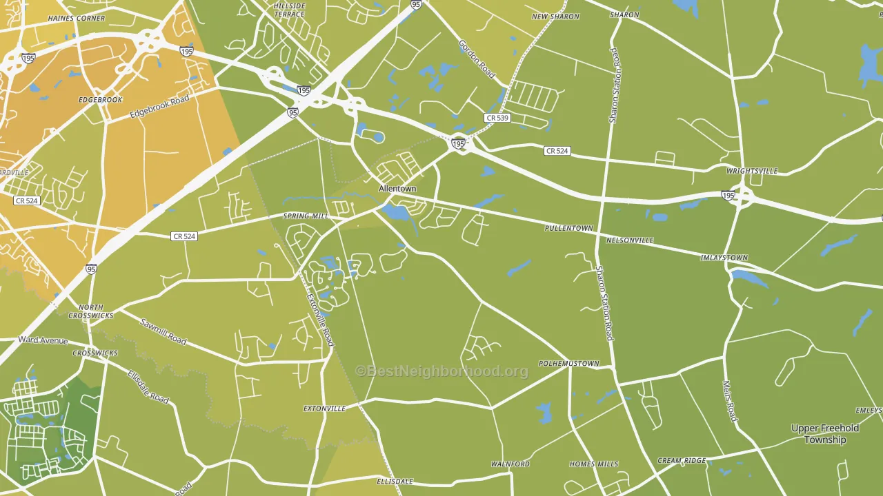 Map of the best neighborhoods in the 08501 area, with better matches in green and worse matches in red