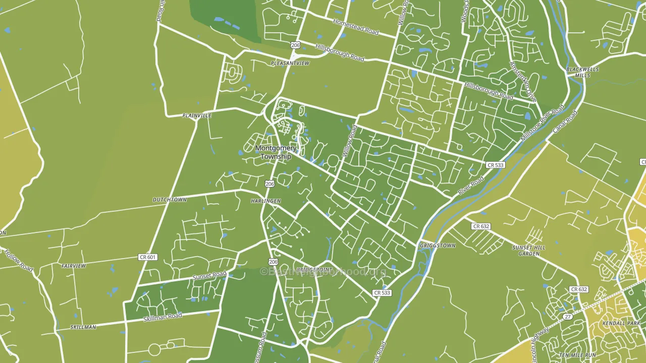 Map of the best neighborhoods in the 08502 area, with better matches in green and worse matches in red