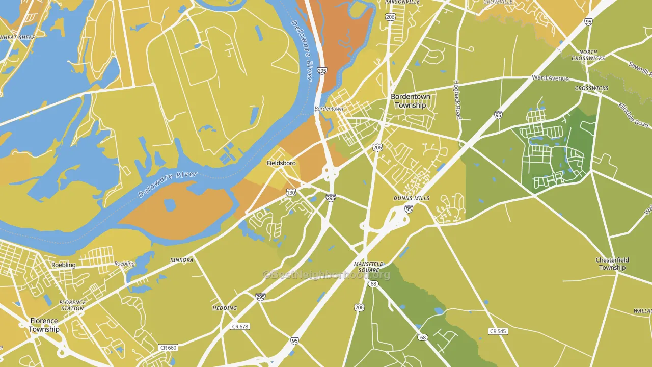 Map of the best neighborhoods in the 08505 area, with better matches in green and worse matches in red