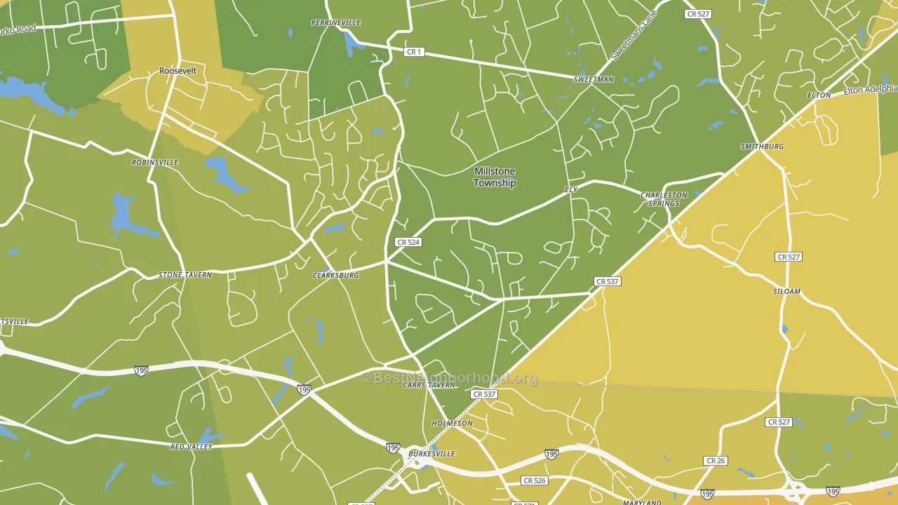 Map of the best neighborhoods in the 08510 area, with better matches in green and worse matches in red