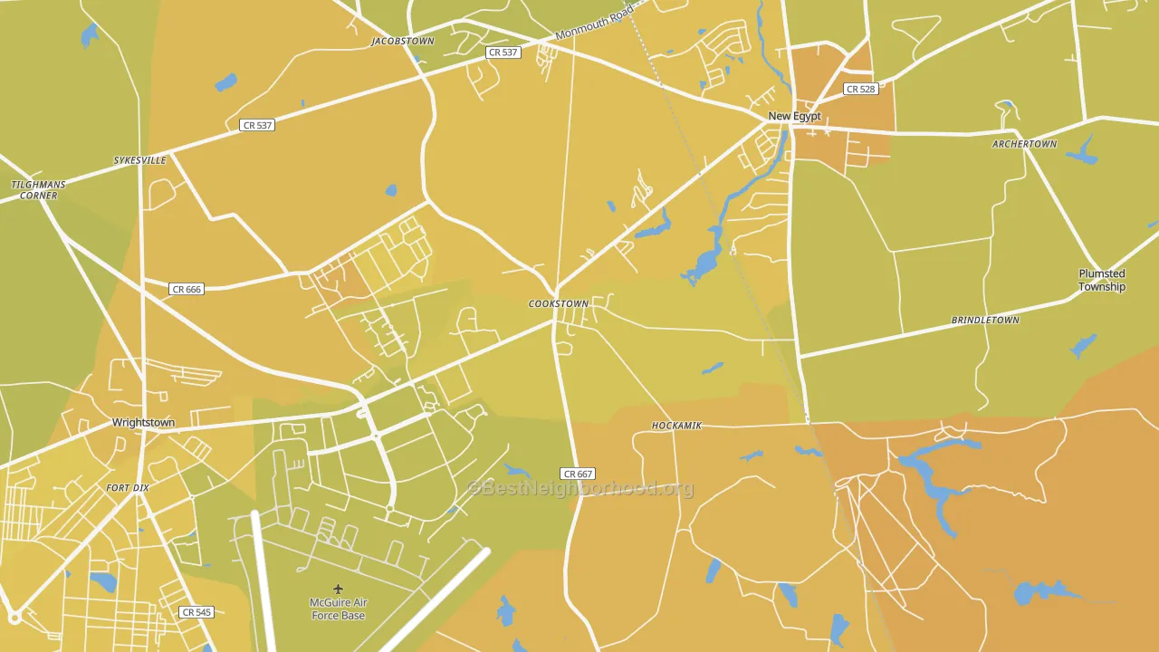 Map of the best neighborhoods in the 08511 area, with better matches in green and worse matches in red