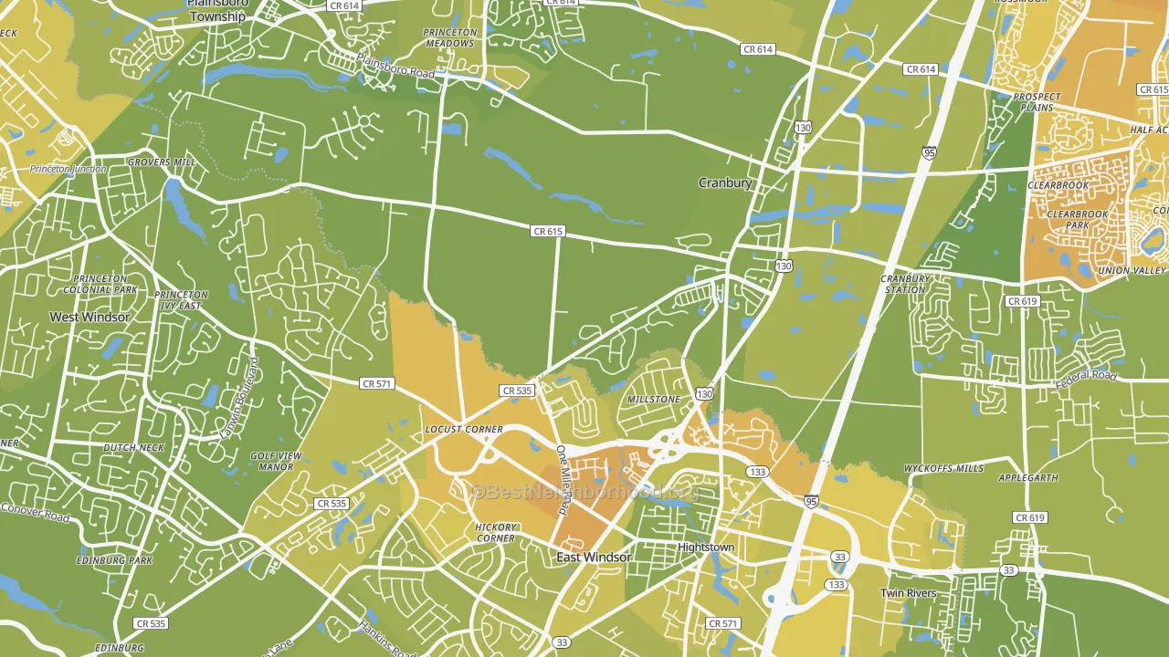 Map of the best neighborhoods in the 08512 area, with better matches in green and worse matches in red
