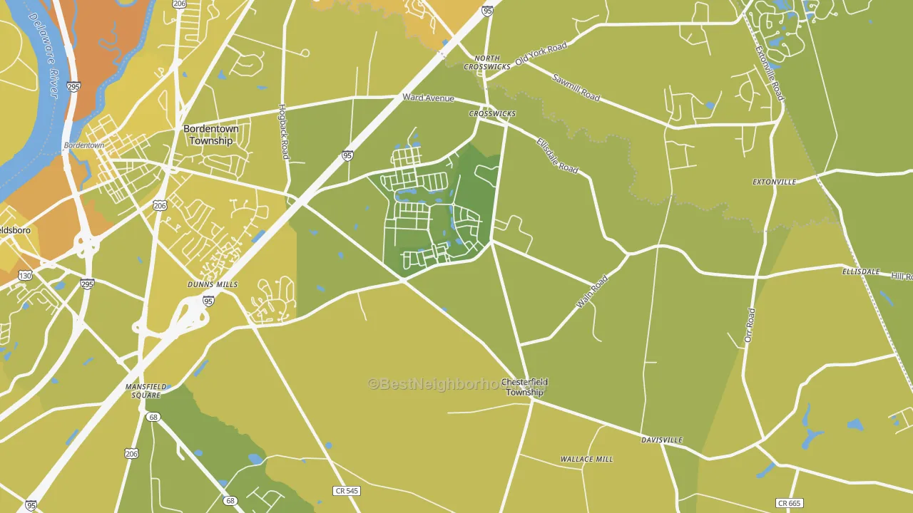 Map of the best neighborhoods in the 08515 area, with better matches in green and worse matches in red