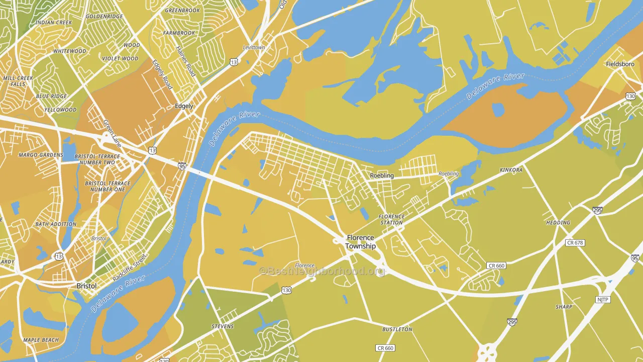 Map of the best neighborhoods in the 08518 area, with better matches in green and worse matches in red