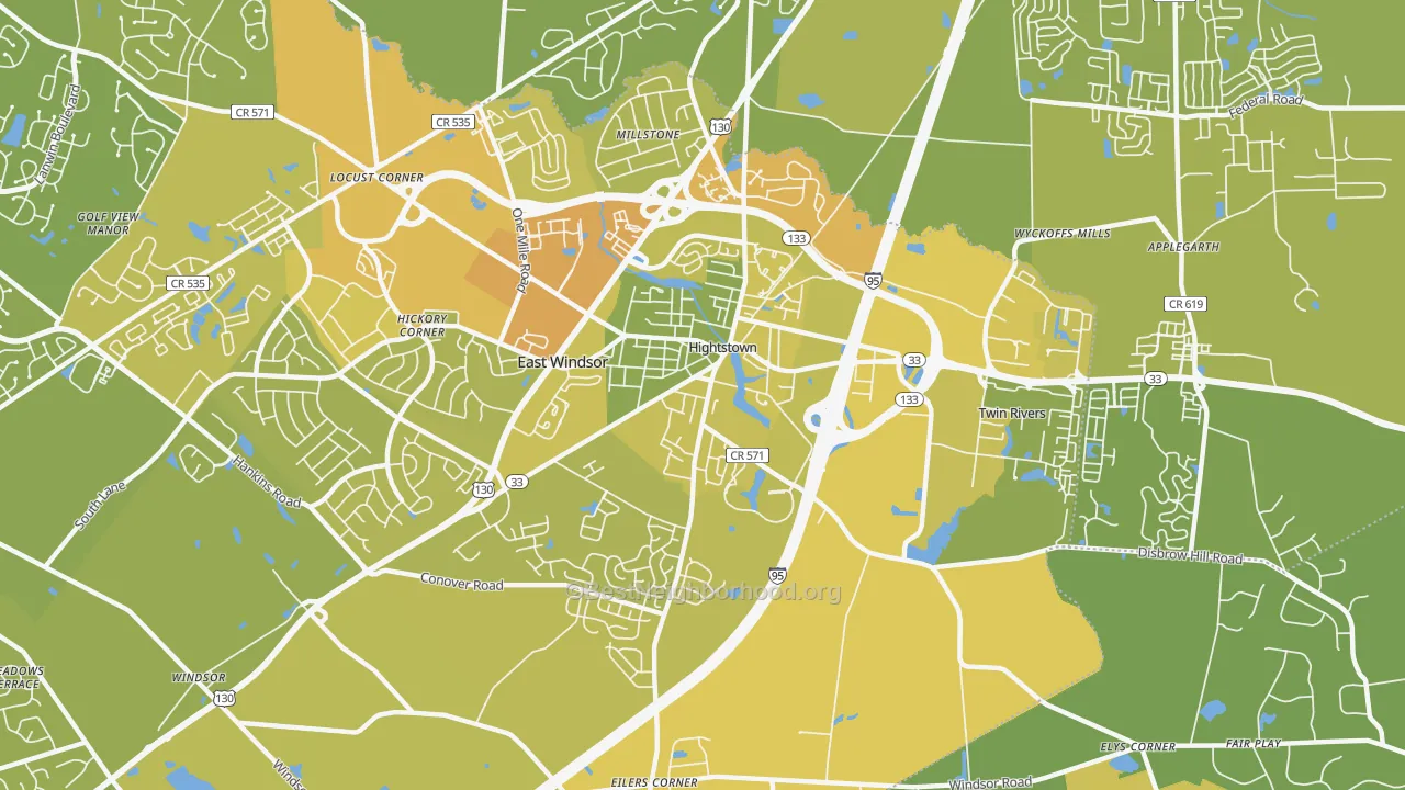 Map of the best neighborhoods in the 08520 area, with better matches in green and worse matches in red