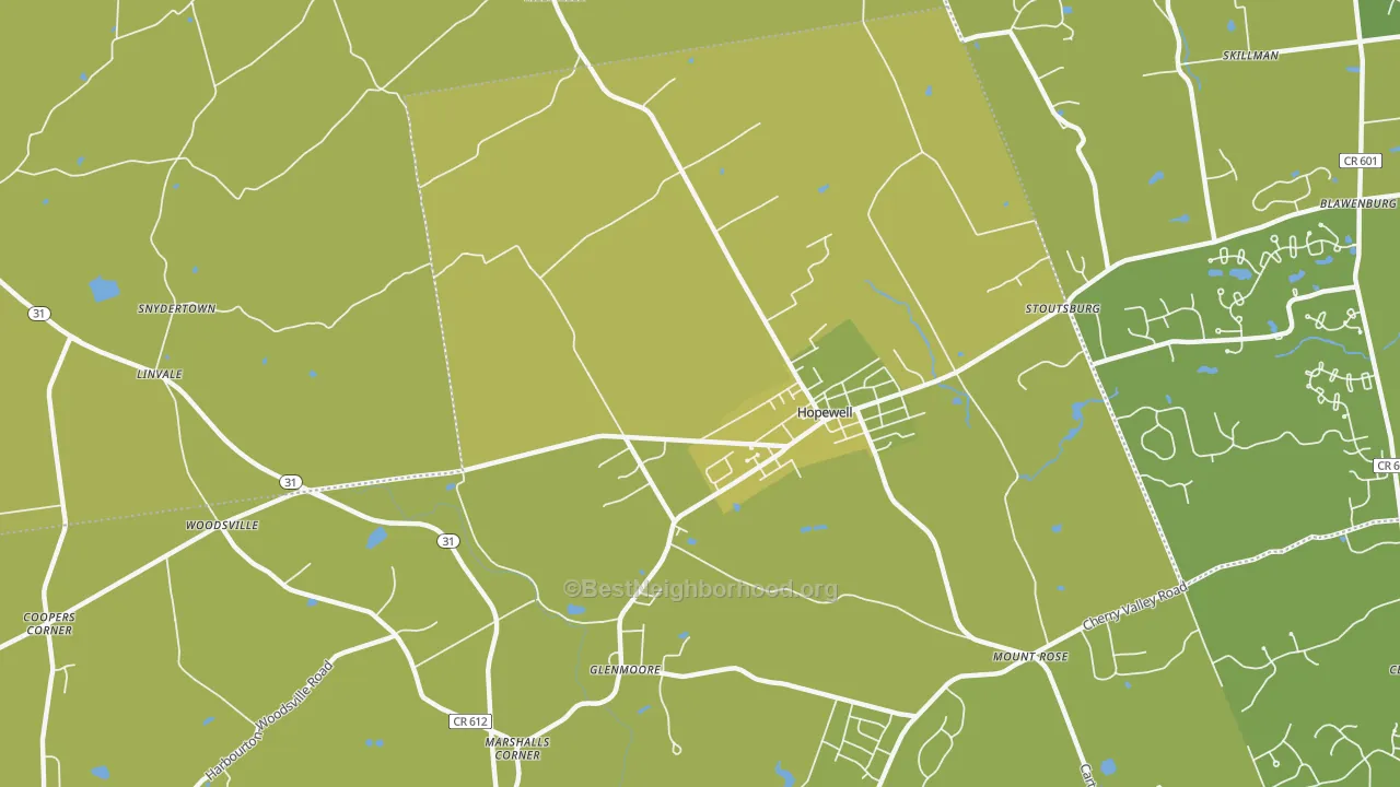 Map of the best neighborhoods in the 08525 area, with better matches in green and worse matches in red
