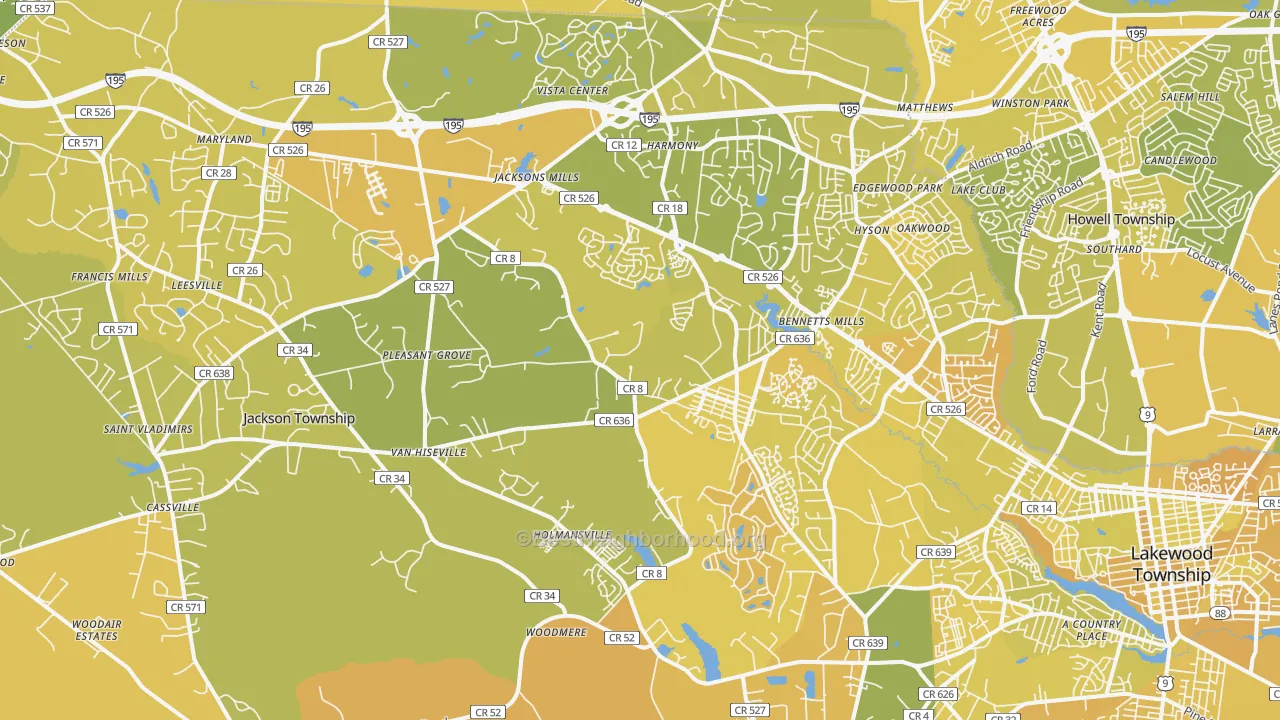 Map of the best neighborhoods in the 08527 area, with better matches in green and worse matches in red