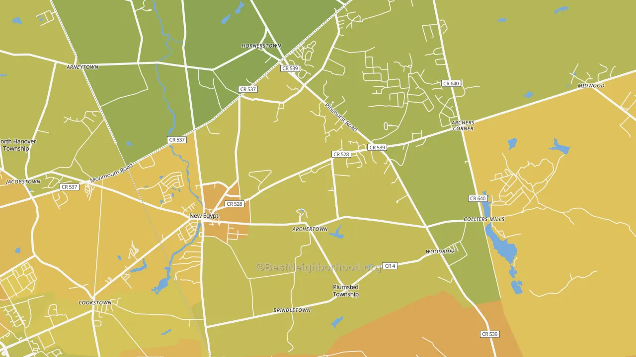 Map of the best neighborhoods in the 08533 area, with better matches in green and worse matches in red