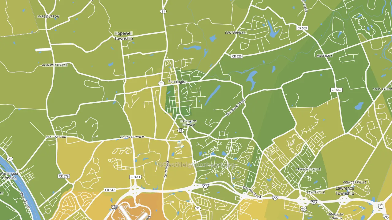 Map of the best neighborhoods in the 08534 area, with better matches in green and worse matches in red