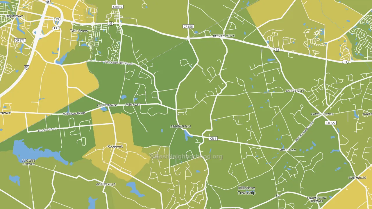 Map of the best neighborhoods in the 08535 area, with better matches in green and worse matches in red