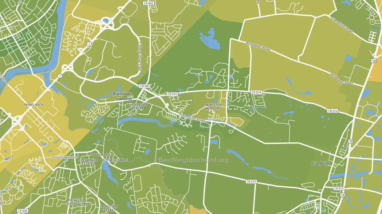 Map of the best neighborhoods in the 08536 area, with better matches in green and worse matches in red