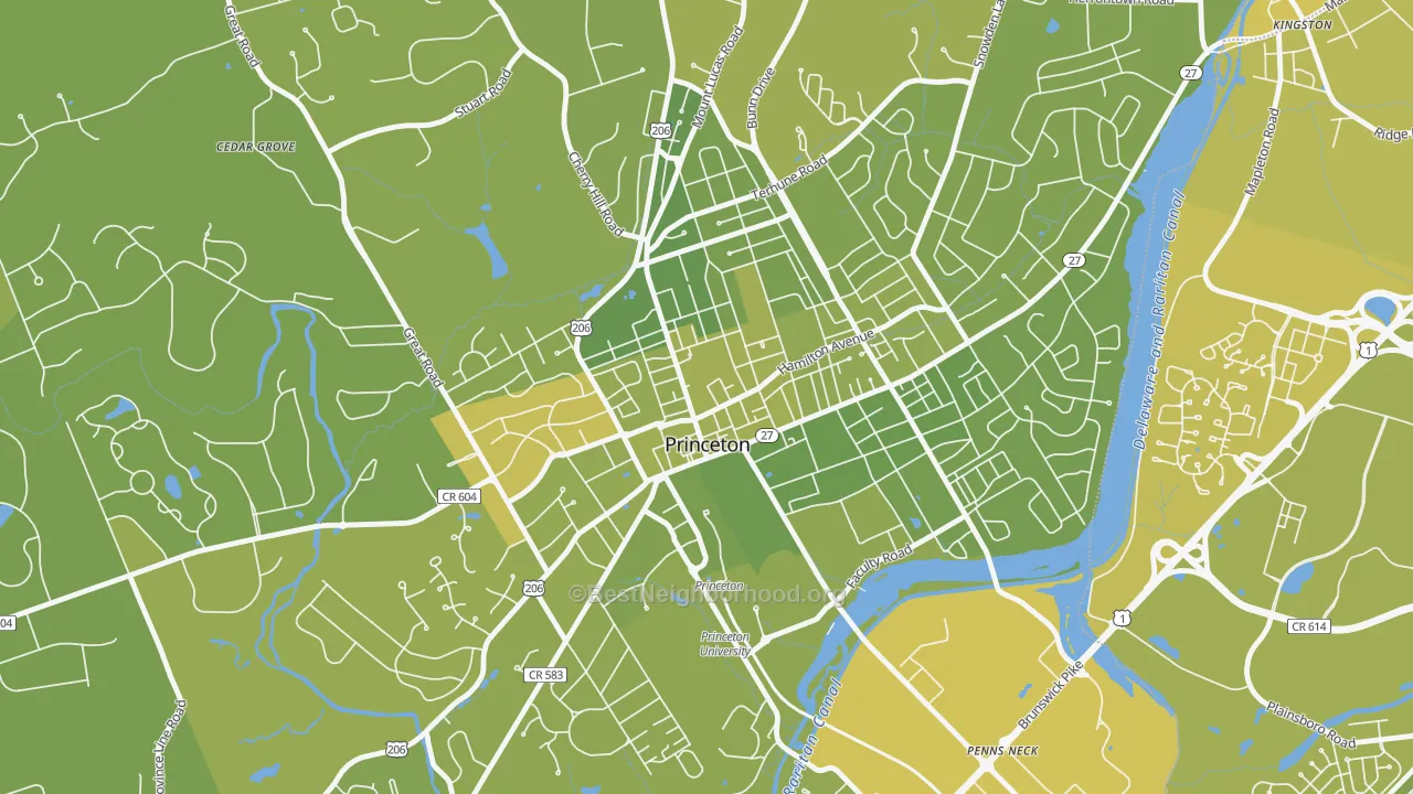 Map of the best neighborhoods in the 08542 area, with better matches in green and worse matches in red