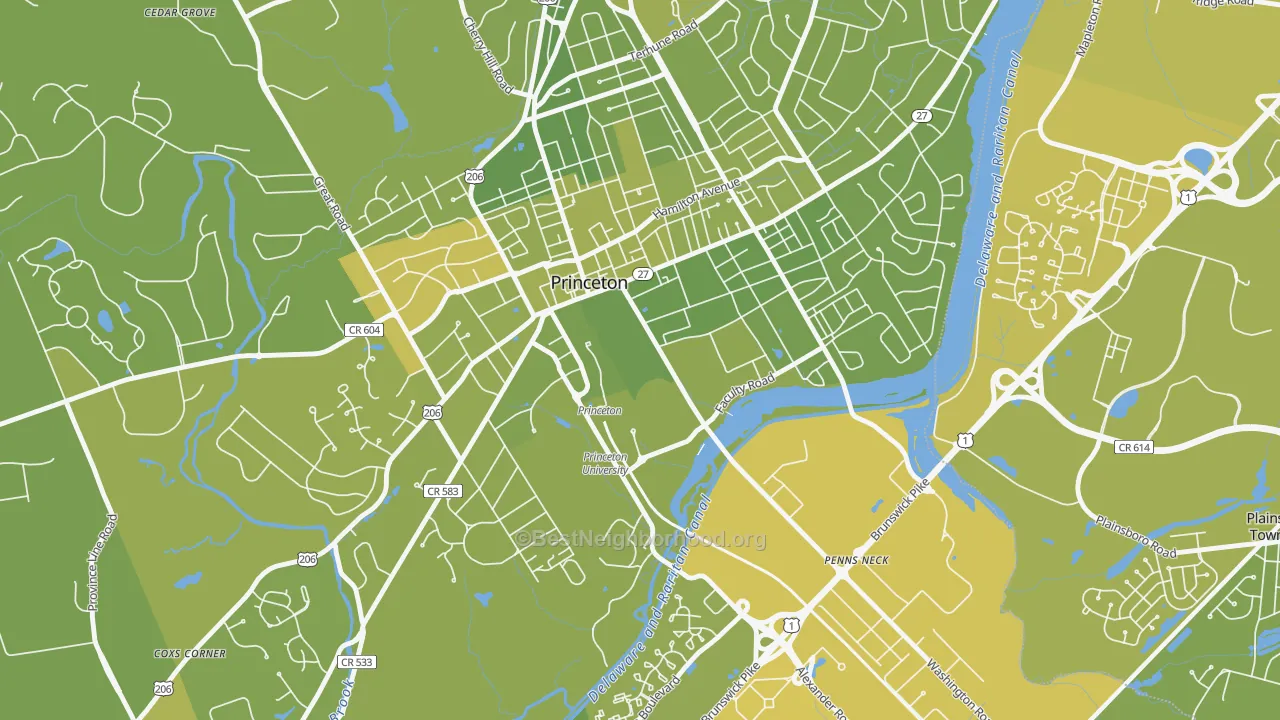 Map of the best neighborhoods in the 08544 area, with better matches in green and worse matches in red