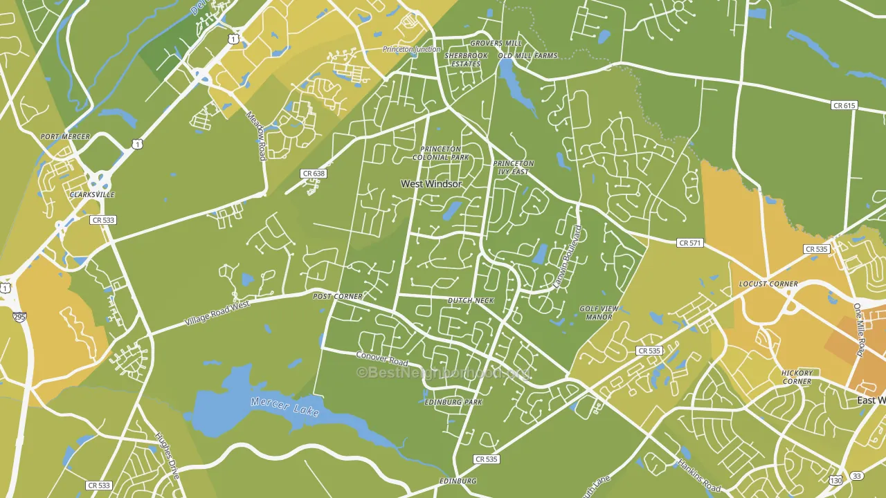 Map of the best neighborhoods in the 08550 area, with better matches in green and worse matches in red