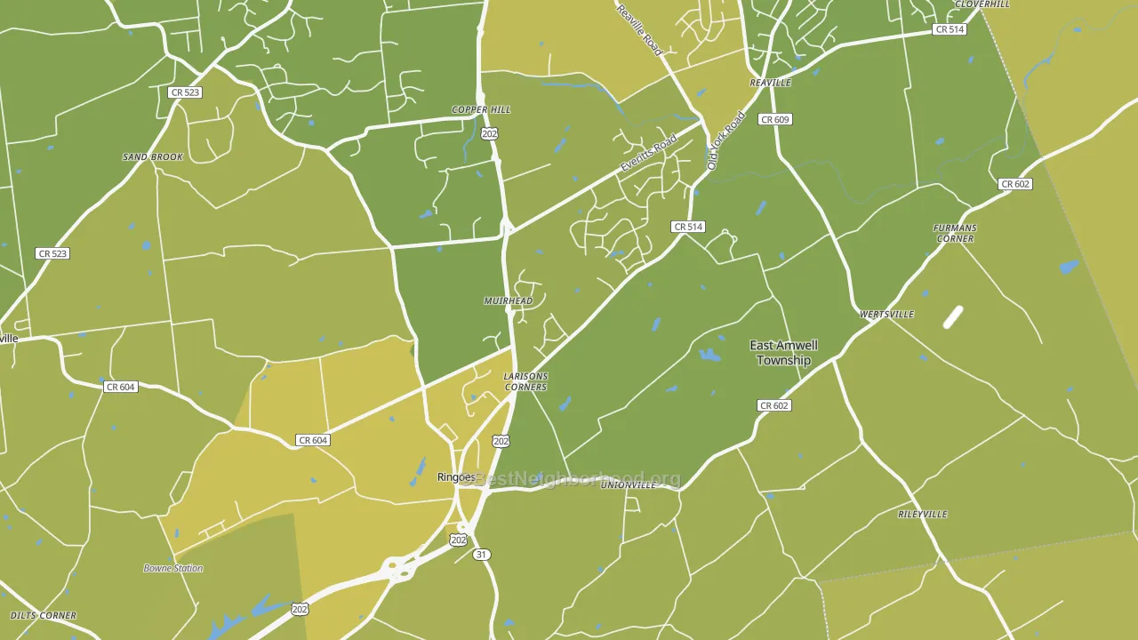 Map of the best neighborhoods in the 08551 area, with better matches in green and worse matches in red
