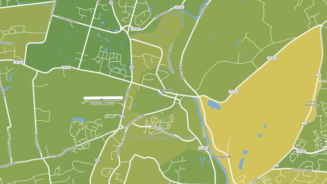 Map of the best neighborhoods in the 08553 area, with better matches in green and worse matches in red