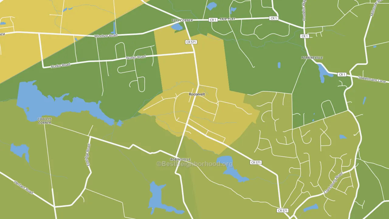 Map of the best neighborhoods in the 08555 area, with better matches in green and worse matches in red