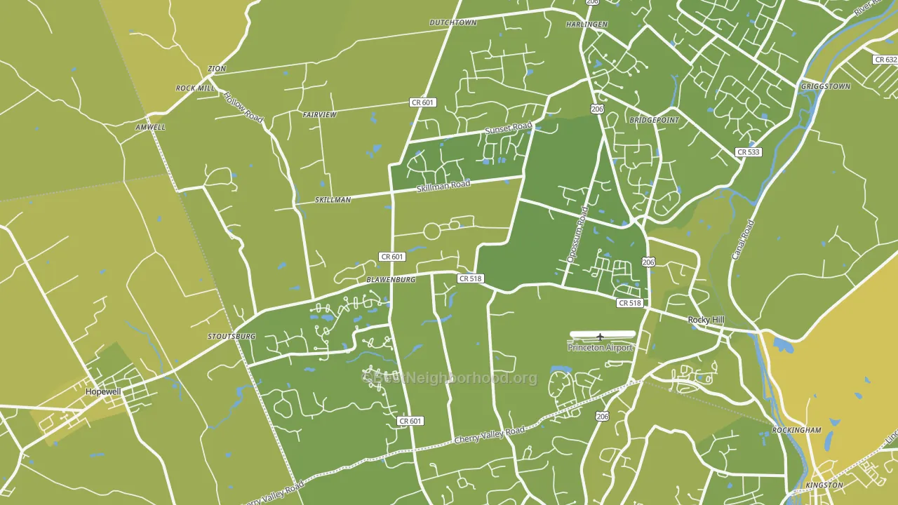 Map of the best neighborhoods in the 08558 area, with better matches in green and worse matches in red