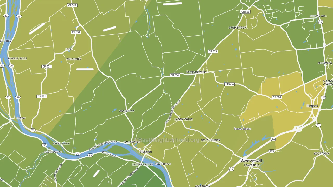 Map of the best neighborhoods in the 08559 area, with better matches in green and worse matches in red