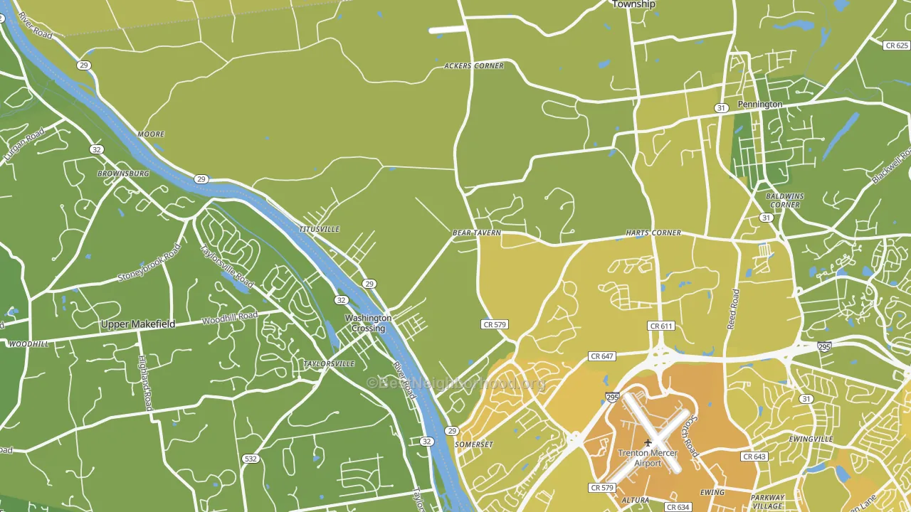 Map of the best neighborhoods in the 08560 area, with better matches in green and worse matches in red