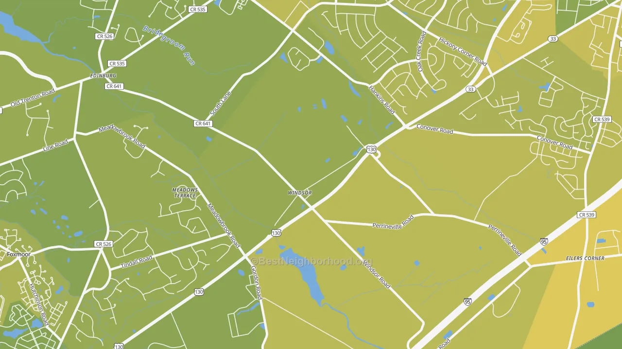 Map of the best neighborhoods in the 08561 area, with better matches in green and worse matches in red