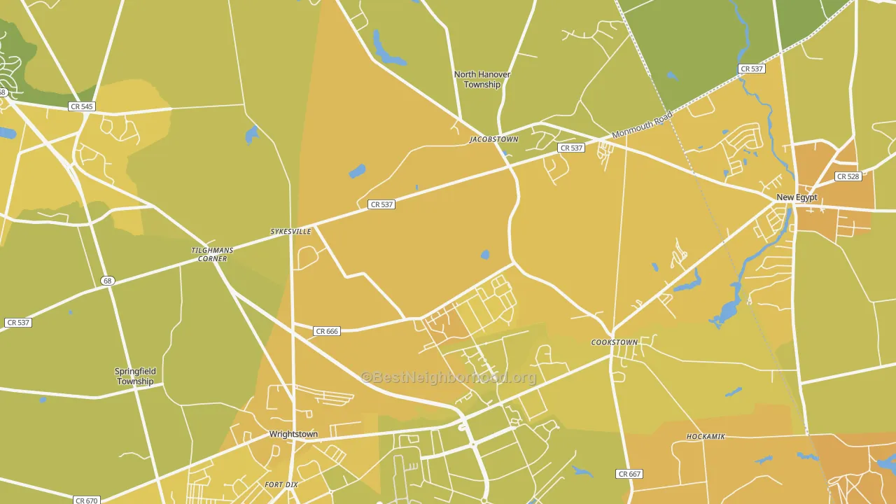 Map of the best neighborhoods in the 08562 area, with better matches in green and worse matches in red