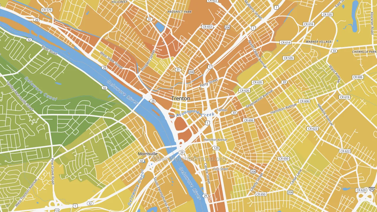 Map of the best neighborhoods in the 08608 area, with better matches in green and worse matches in red