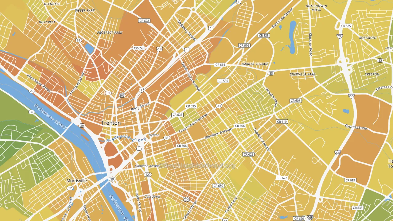 Map of the best neighborhoods in the 08609 area, with better matches in green and worse matches in red