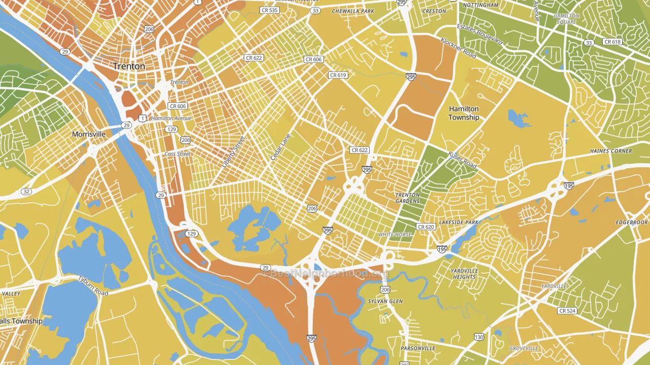 Map of the best neighborhoods in the 08610 area, with better matches in green and worse matches in red