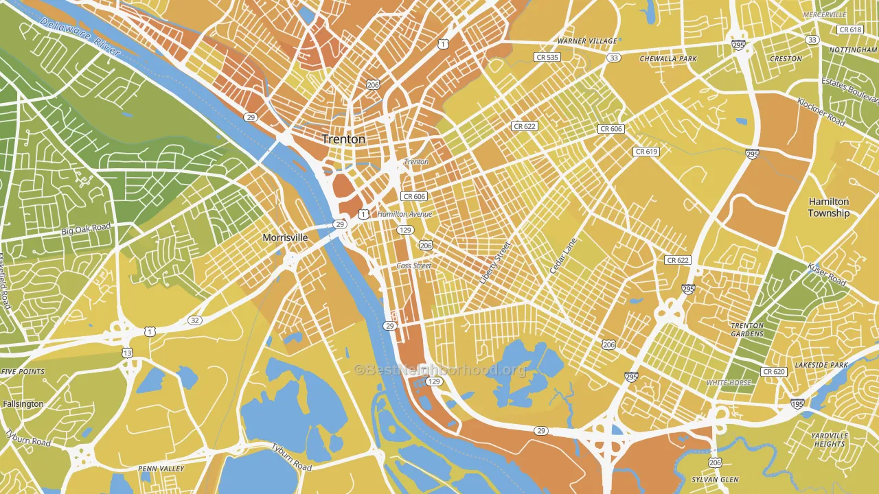 Map of the best neighborhoods in the 08611 area, with better matches in green and worse matches in red