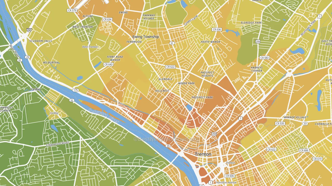 Map of the best neighborhoods in the 08618 area, with better matches in green and worse matches in red