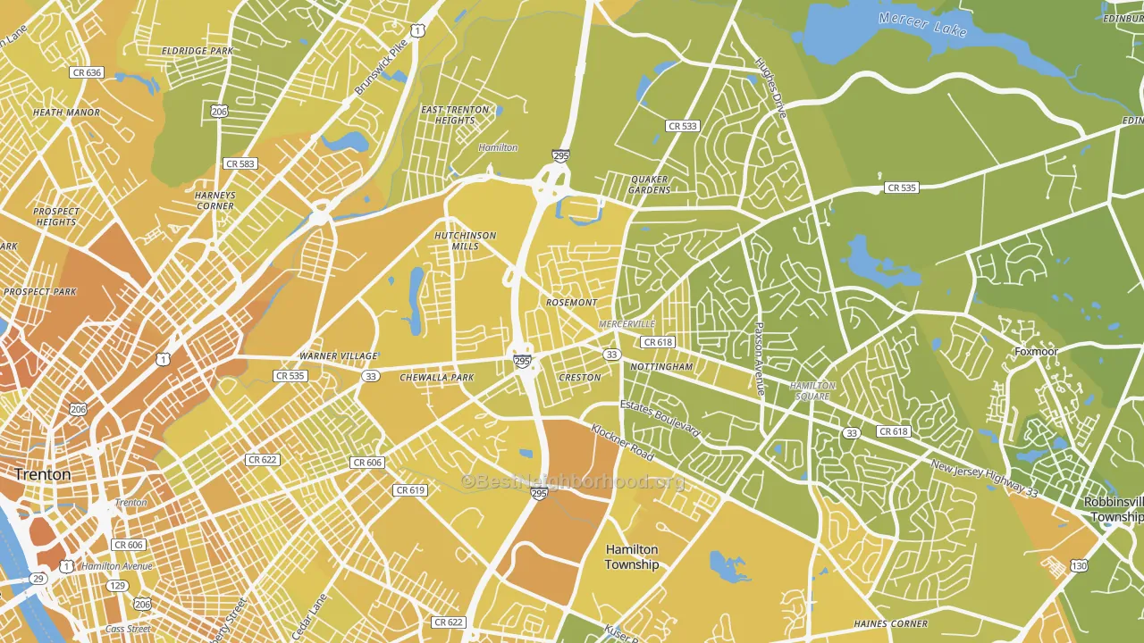 Map of the best neighborhoods in the 08619 area, with better matches in green and worse matches in red