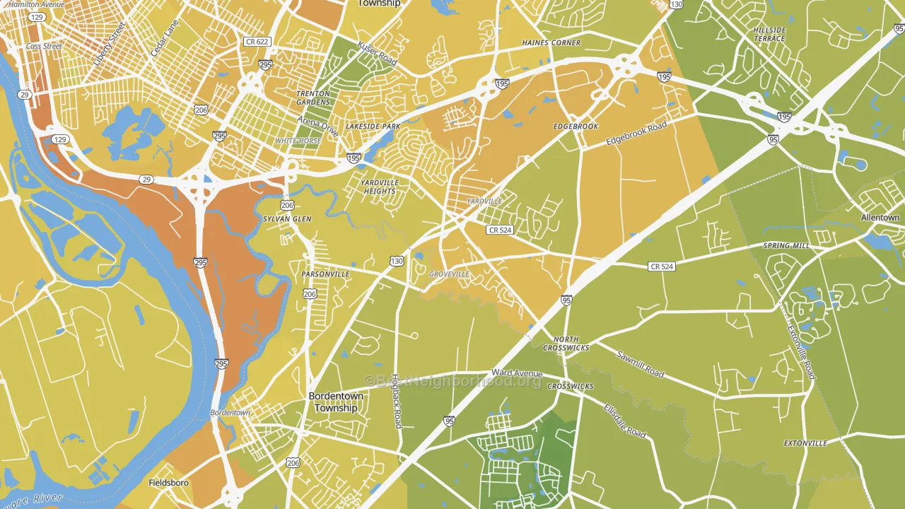 Map of the best neighborhoods in the 08620 area, with better matches in green and worse matches in red