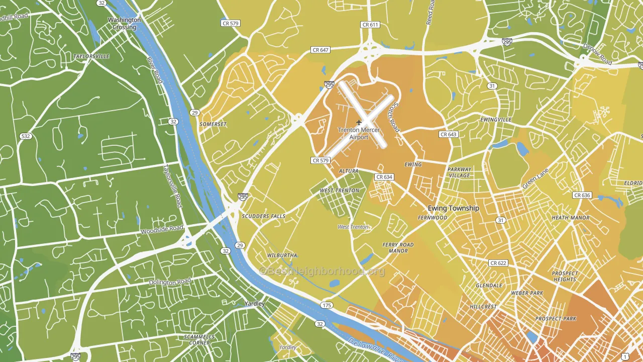 Map of the best neighborhoods in the 08628 area, with better matches in green and worse matches in red