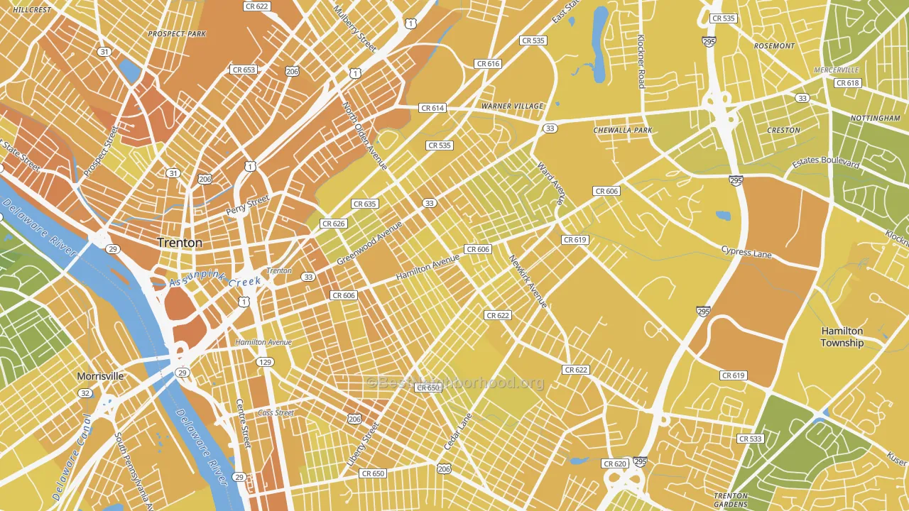 Map of the best neighborhoods in the 08629 area, with better matches in green and worse matches in red