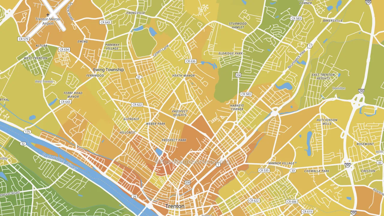 Map of the best neighborhoods in the 08638 area, with better matches in green and worse matches in red