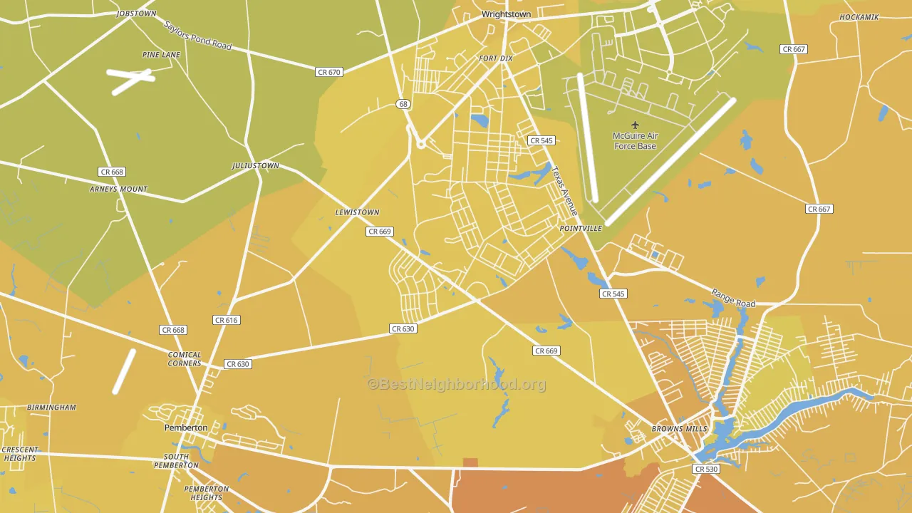 Map of the best neighborhoods in the 08640 area, with better matches in green and worse matches in red