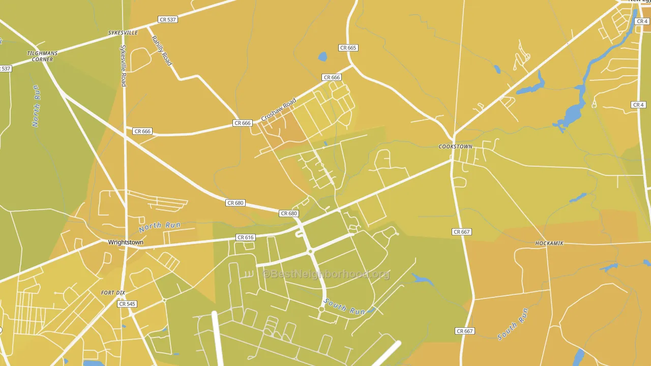 Map of the best neighborhoods in the 08641 area, with better matches in green and worse matches in red