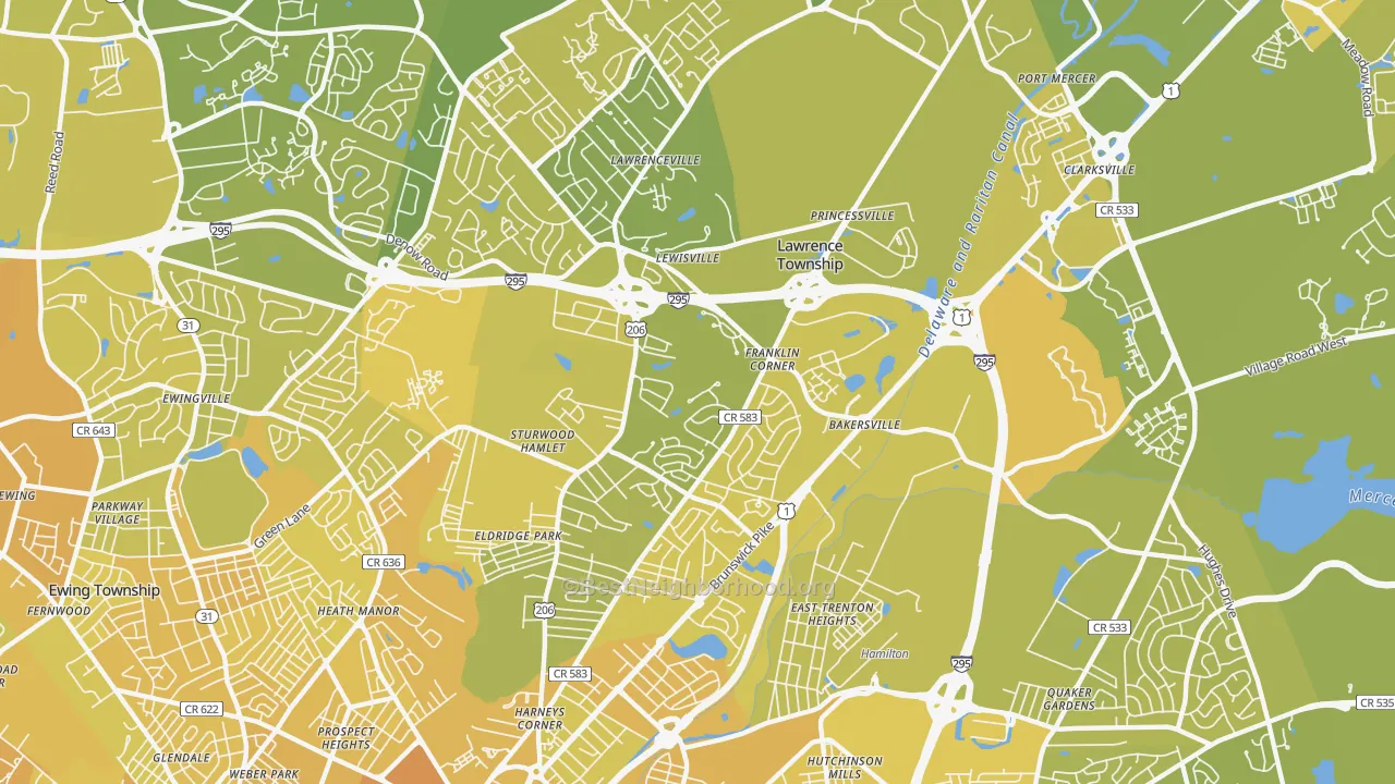 Map of the best neighborhoods in the 08648 area, with better matches in green and worse matches in red