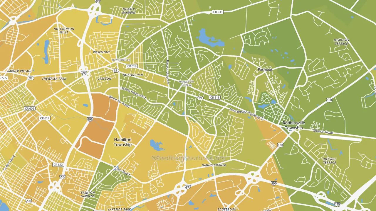 Map of the best neighborhoods in the 08690 area, with better matches in green and worse matches in red