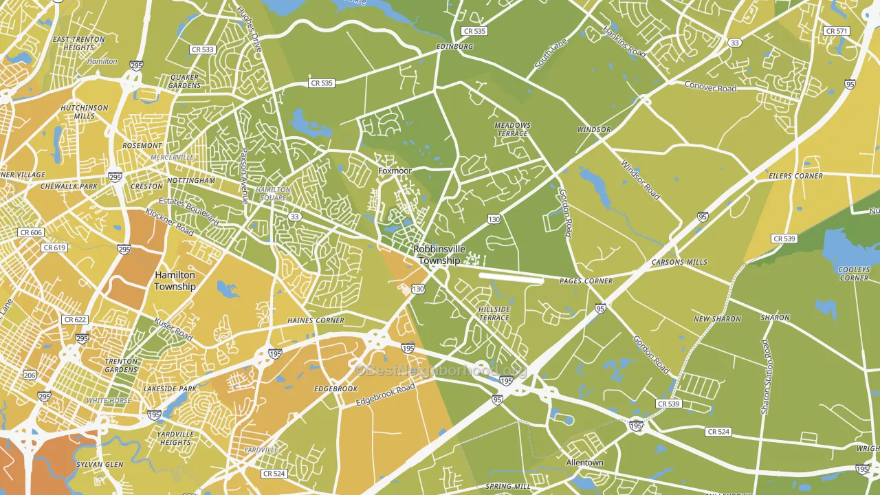 Map of the best neighborhoods in the 08691 area, with better matches in green and worse matches in red