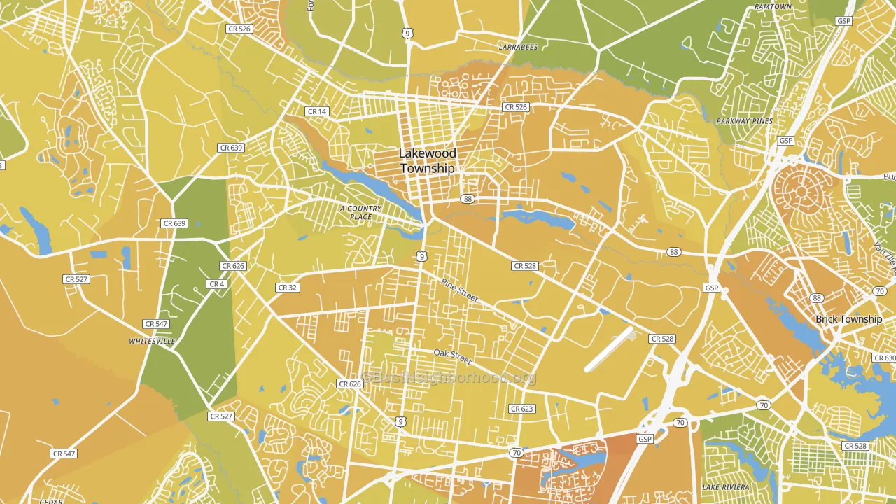 Map of the best neighborhoods in the 08701 area, with better matches in green and worse matches in red