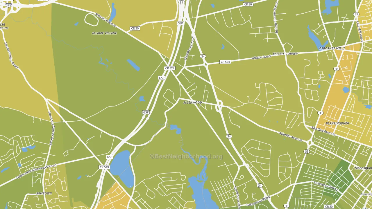 Map of the best neighborhoods in the 08720 area, with better matches in green and worse matches in red