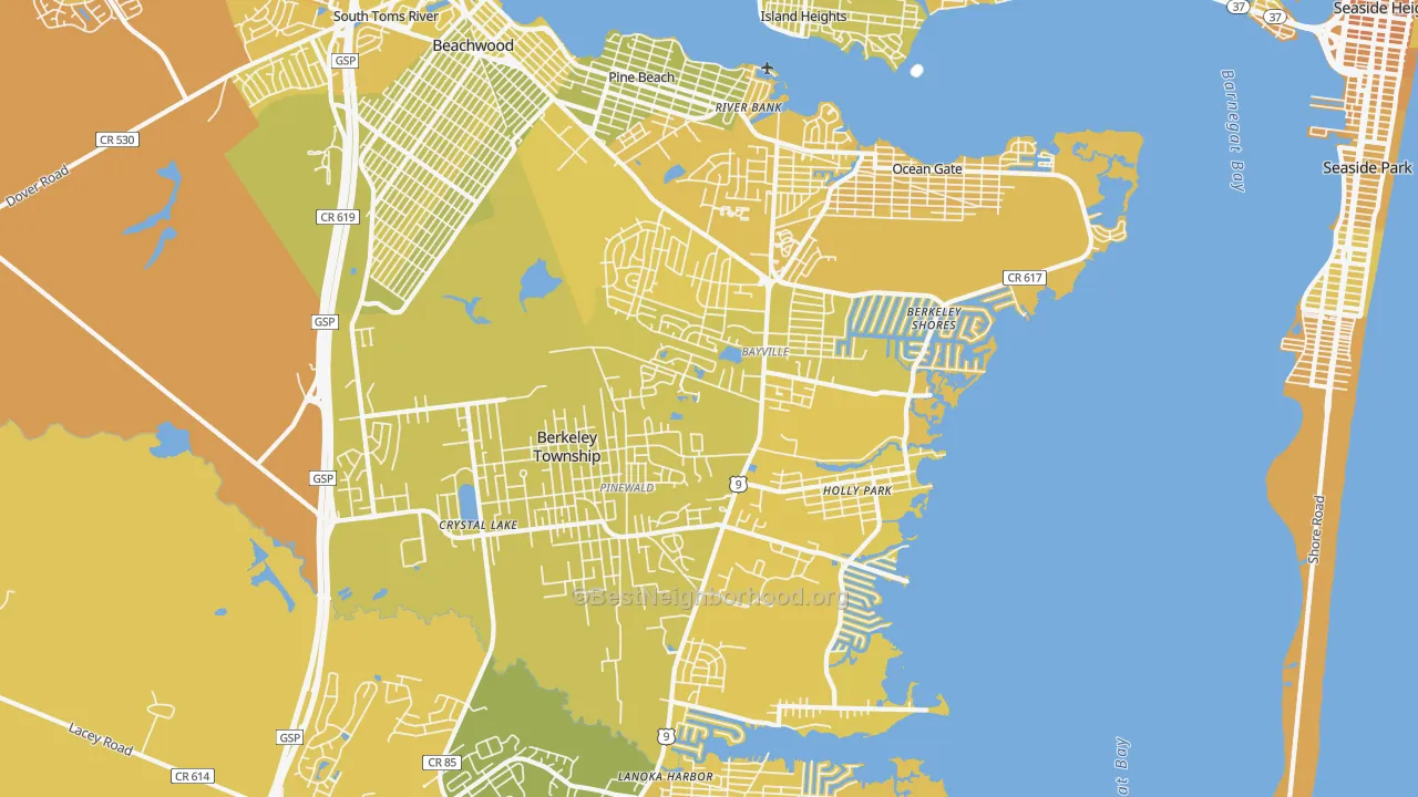 Map of the best neighborhoods in the 08721 area, with better matches in green and worse matches in red